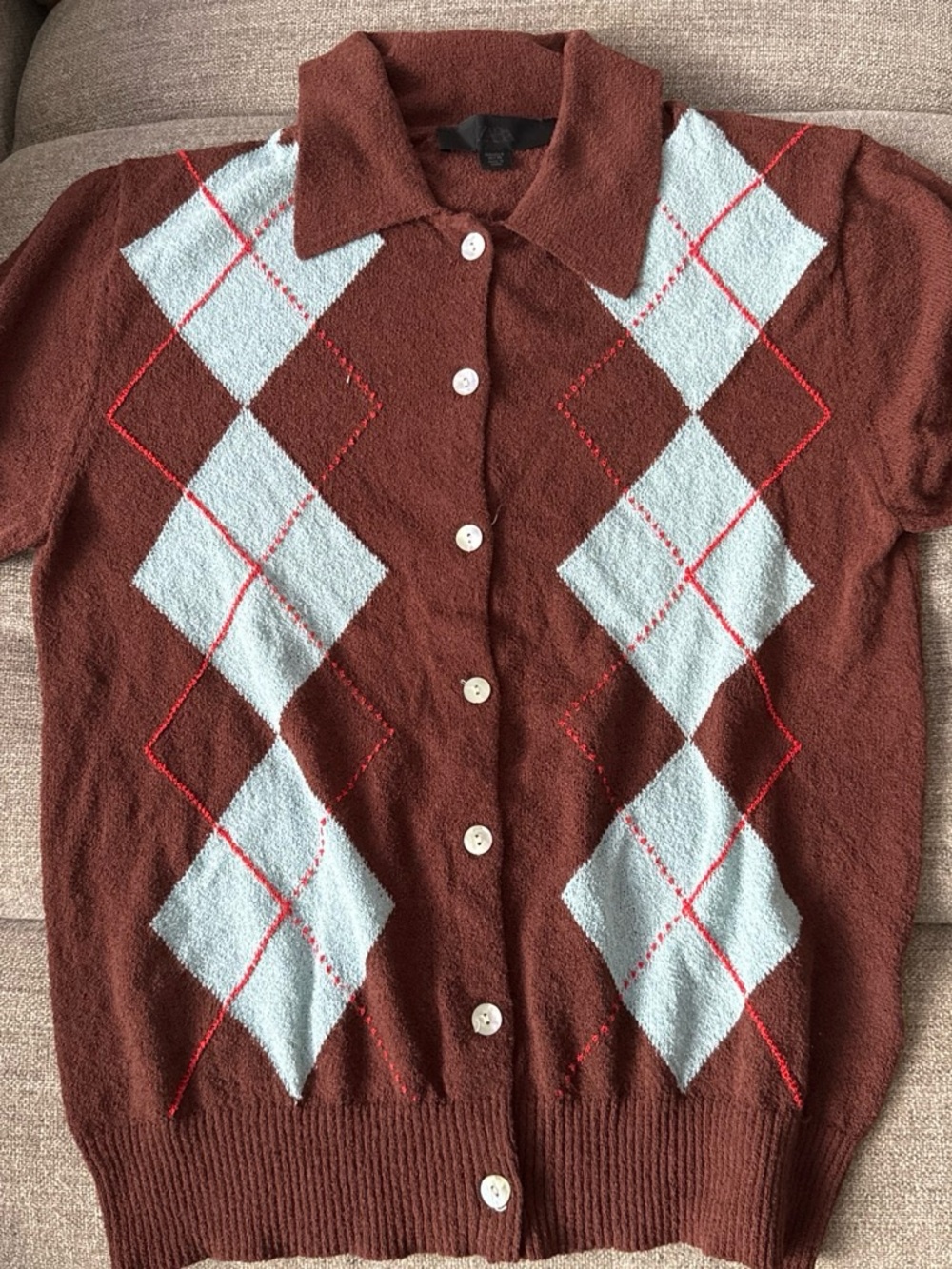 Zara Brown Short-Sleeve V-Neck Argyle Button Sweater